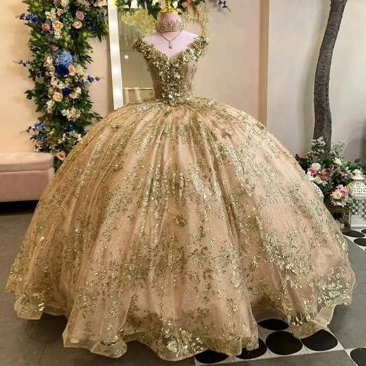 Sparkly Champagne Gold Ball Gown Quinceanera Dress 2024 Off The Shoulder Applique Bead Birthday Party Sweet Vestidos De 15 Años