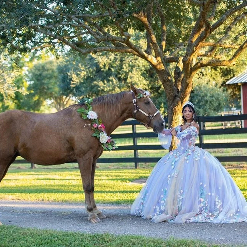 Blue Sweetheart Ball Gown Quinceanera Dresses Sweet 16 Sexy Off-Shoulder 3D Flower Applique Lace Birthday Princess Party Gowns