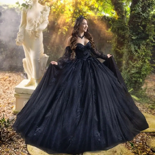 New In Black Quinceanera Dresses 2024 Detachable Sleeves Sweet 15 16 Girls Brithday Party Gown Puffy Skirt Princess Long Evening