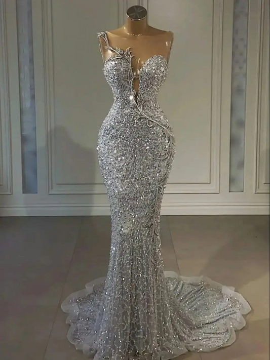 2024 Charming Silver Sequined Mermaid Sweetheart Prom Dresses Arabic Jewel Neck African Beaded Evening Gowns vestidos de fiesta