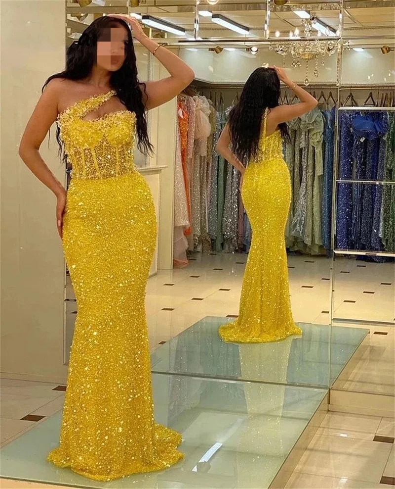 Yellow Sequin Beads Sequins Evening Dresses Mermaid One-Shoulder Formal Afarican Black Girls Formal Night Party Gowns Robe De