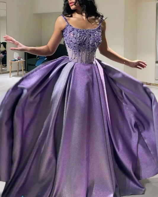 Saudi Arabia Purple Beads Sparkly Evening Dresses Spaghetti Floor-Length Sleeveless Prom Dresses Gorgeous Formal Party Dress