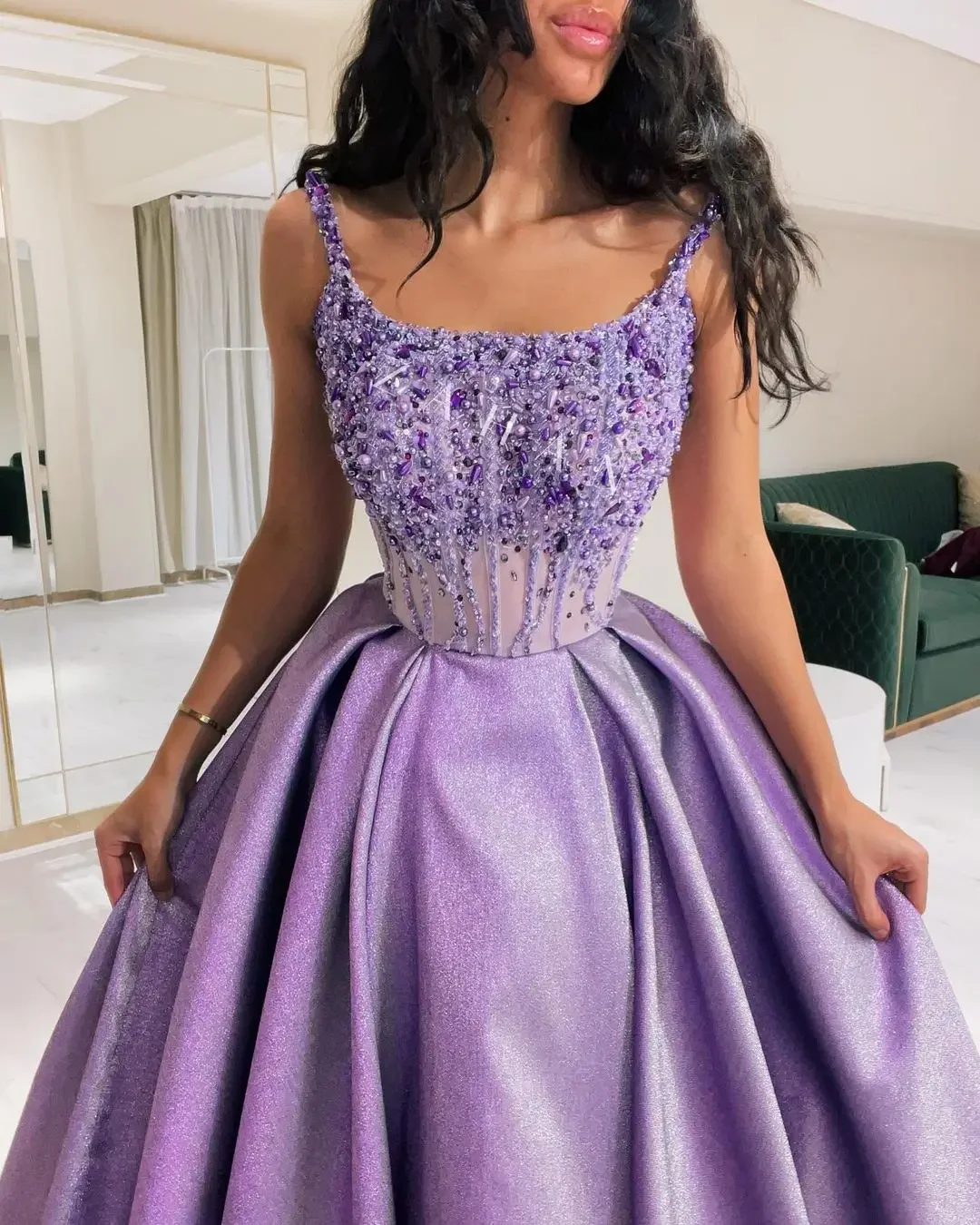 Saudi Arabia Purple Beads Sparkly Evening Dresses Spaghetti Floor-Length Sleeveless Prom Dresses Gorgeous Formal Party Dress