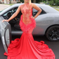 Red African Sparkly Trumpet Evening Pageant Dresses for Women Luxury Diamond Feather Black Girl Prom Celebrity Gown