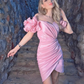 Bright Pink V-neck Off Shoulder Knee Length Homecoming Backless Flowers Satin Sleeveless Back Zipper Pleated فساتين مناسبة