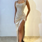 Sexy Champagne Prom Dresses Strapless Beads Top Evening Dress Split Formal Long Special Occasion Party Gowns فساتين العيد 2024