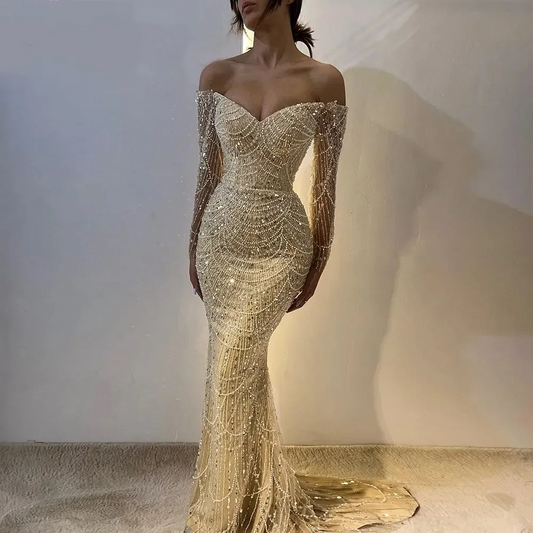 2024 Luxury Arabic Prom Pageant Dress Off Shoulder Long Sleeves Pearls Sequined Evening Formal Birthday Gowns Robe De Soiree