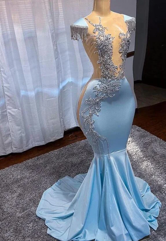 2024 Sexy Mermaid Sleeveless Silk Satin Long Blue Prom Dresses
