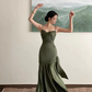 Vintage Sheath Straps Green Satin Long Prom Dresses