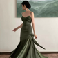 Vintage Sheath Straps Green Satin Long Prom Dresses