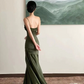 Vintage Sheath Straps Green Satin Long Prom Dresses