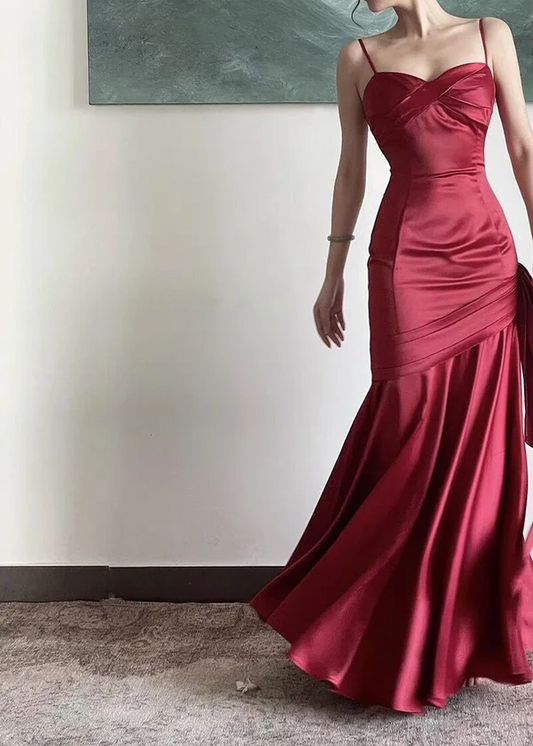 Vintage Sheath Straps Burgundy Satin Long Prom Dresses