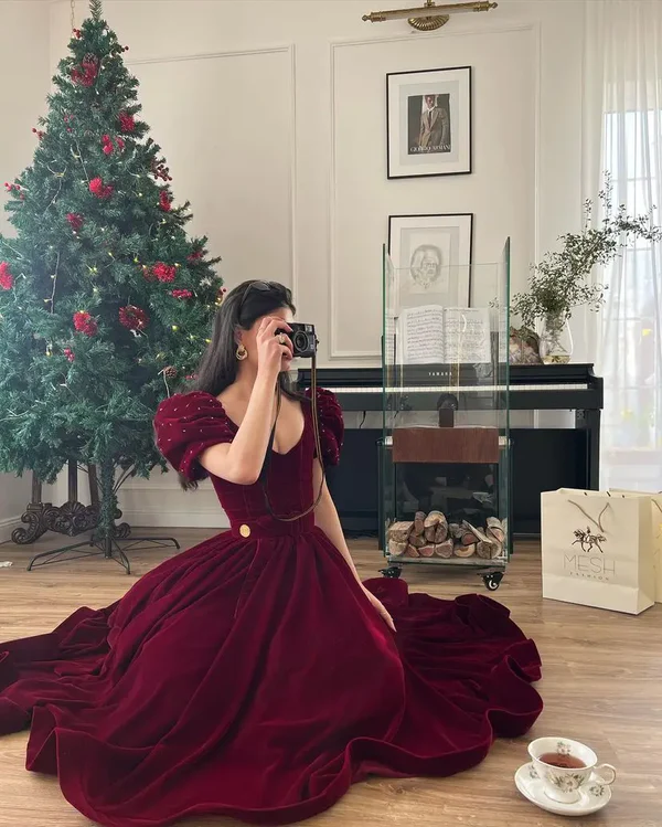 Vintage A line Velvet Burgundy Prom Dresses