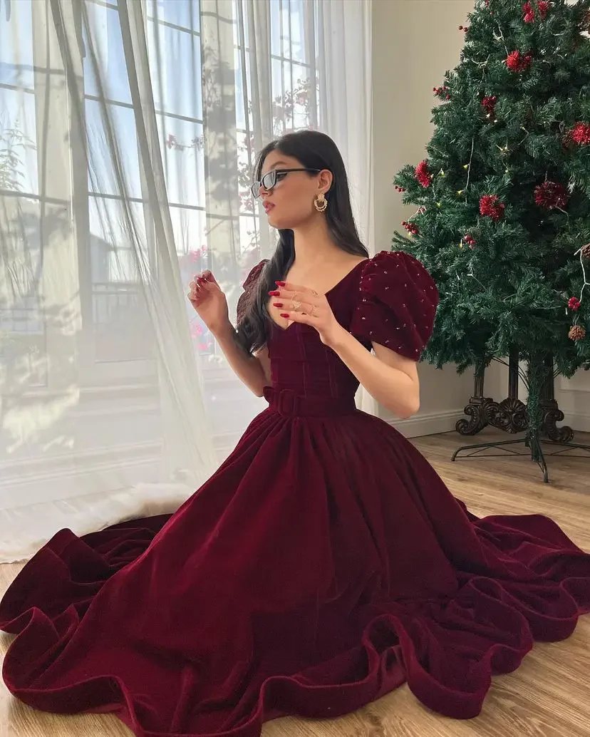 Vintage A line Velvet Burgundy Prom Dresses