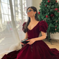 Vintage A line Velvet Burgundy Prom Dresses