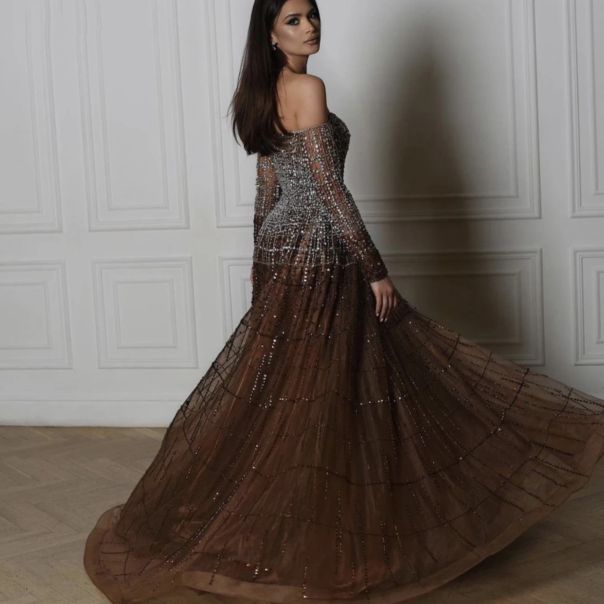 Brown Off Shoulder Evening Dresses Long Sleeves Prom Gowns For Women Wedding Party Formal Luxury A-Line Tulle Vestidos De Noche