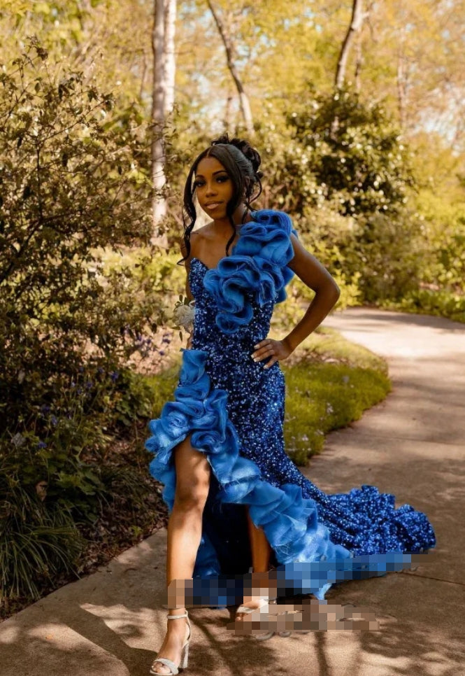 Blue Long African Prom Dresses 2024 For Black Girls Luxury Mermaid Crystal Rhinestone Ruffle High Split Birthday Evening Dress