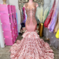 Sparkling Peach Pink Long Evening Dress 2024 For Women Luxury Diamante 3D Floral Embroidery Ruffle Dresses For Formal Occasions