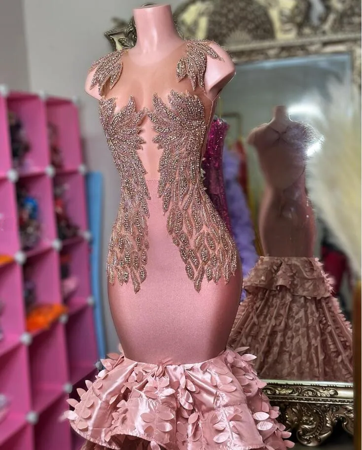 Sparkling Peach Pink Long Evening Dress 2024 For Women Luxury Diamante 3D Floral Embroidery Ruffle Dresses For Formal Occasions