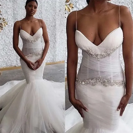 Sexy Spaghetti Straps Mermaid Wedding Dresses For Women Ruched Tulle Beaded Luxury Bridal Gowns Vestidos De Novia 2024 Custom