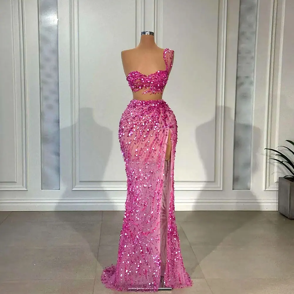 Shiny 2Pcs Magenta Evening Dresses 2024 Sequined Mermaid Prom Gowns Side Split Illusion Sleeveless Custom Made Special Occasion