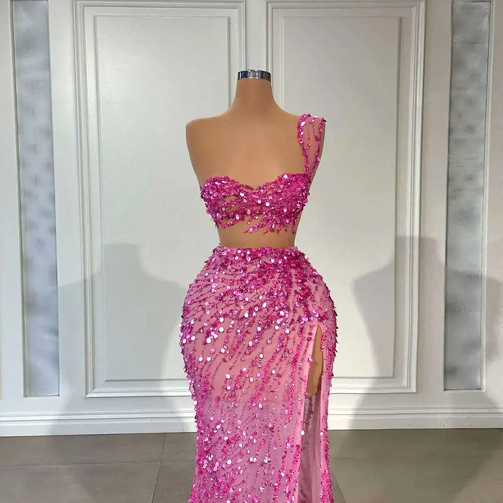 Shiny 2Pcs Magenta Evening Dresses 2024 Sequined Mermaid Prom Gowns Side Split Illusion Sleeveless Custom Made Special Occasion