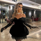 Black Lace Velvet Short Cocktail Dresses with Gloves Off the Shoulder Mini Length Prom Gown Customized Formal Party Dress 2024