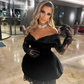 Black Lace Velvet Short Cocktail Dresses with Gloves Off the Shoulder Mini Length Prom Gown Customized Formal Party Dress 2024