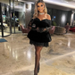 Black Lace Velvet Short Cocktail Dresses with Gloves Off the Shoulder Mini Length Prom Gown Customized Formal Party Dress 2024