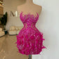 Hot Pink Short Cocktail Dresses with Feathers Beaded Sexy Cut Out Sheer Sparkle Sequins Mini Dinner Dance Party Gowns