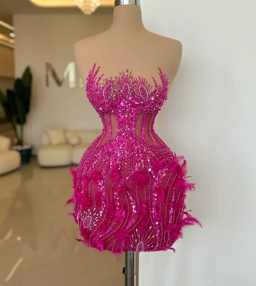 Hot Pink Short Cocktail Dresses with Feathers Beaded Sexy Cut Out Sheer Sparkle Sequins Mini Dinner Dance Party Gowns