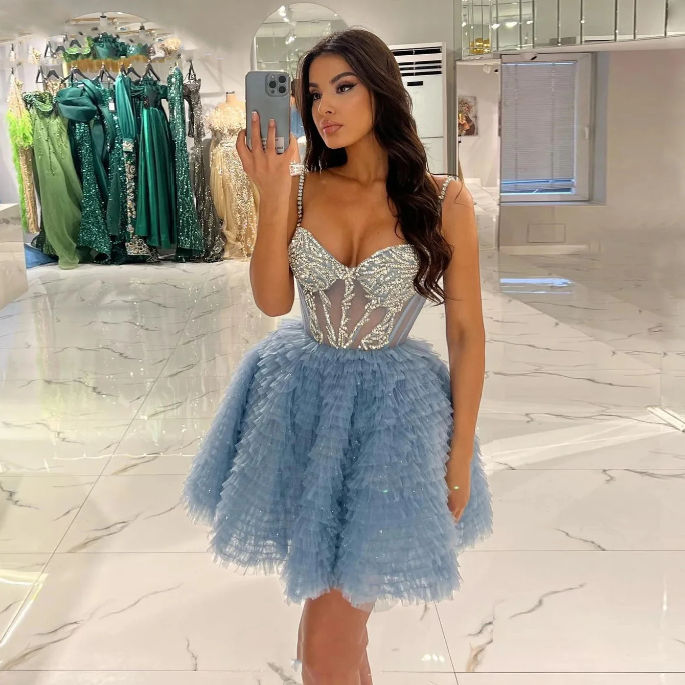 New Arrival Blue Short Prom Dresses with Beading Corset Spaghetti Strap Tiered Tulle Cocktail Gown Sweetheart Formal Party Dress