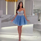 New Arrival Blue Short Prom Dresses with Beading Corset Spaghetti Strap Tiered Tulle Cocktail Gown Sweetheart Formal Party Dress