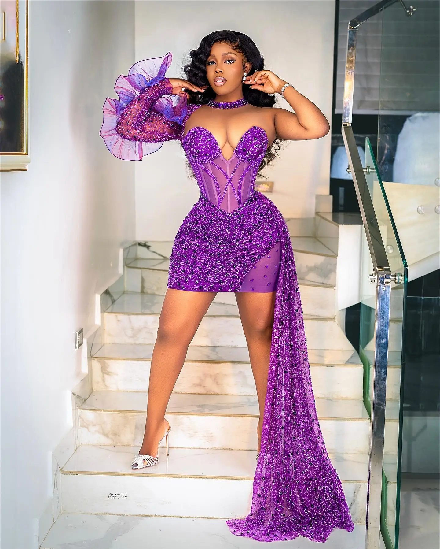 Chic Purple Sequins Beaded Short Prom Dresses African Women Formal Occasion Gowns 2024 Black Girls Cocktail Party Dress Mini