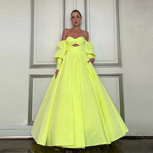 Charming Off the Shoulder Yellow Prom Dresses with Pockets Puffy Sleeves Stretch Back Ball Gown Formal Occasion Dress Party Gown