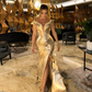 Ultimate Golden Leather Evening Dresses 2024 Long Pleated Leather Mermaid Formal Party Dress Elegant Slit Prom Gown Custom Made