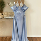 Glossy Leather Blue Long Prom Dresses with Detachable Train Cape Off the Shoulder Elegant Formal Dress Overskirt Evening Gowns