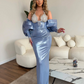 Glossy Leather Blue Long Prom Dresses with Detachable Train Cape Off the Shoulder Elegant Formal Dress Overskirt Evening Gowns