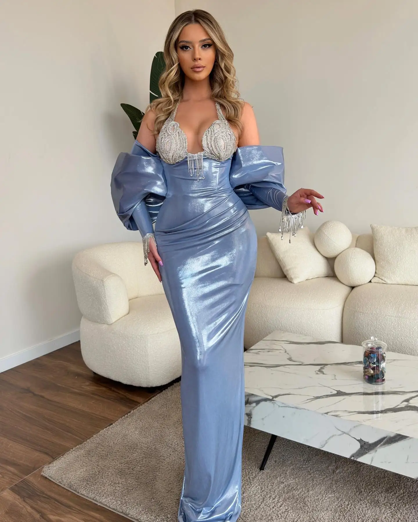 Glossy Leather Blue Long Prom Dresses with Detachable Train Cape Off the Shoulder Elegant Formal Dress Overskirt Evening Gowns