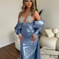 Glossy Leather Blue Long Prom Dresses with Detachable Train Cape Off the Shoulder Elegant Formal Dress Overskirt Evening Gowns