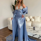 Glossy Leather Blue Long Prom Dresses with Detachable Train Cape Off the Shoulder Elegant Formal Dress Overskirt Evening Gowns