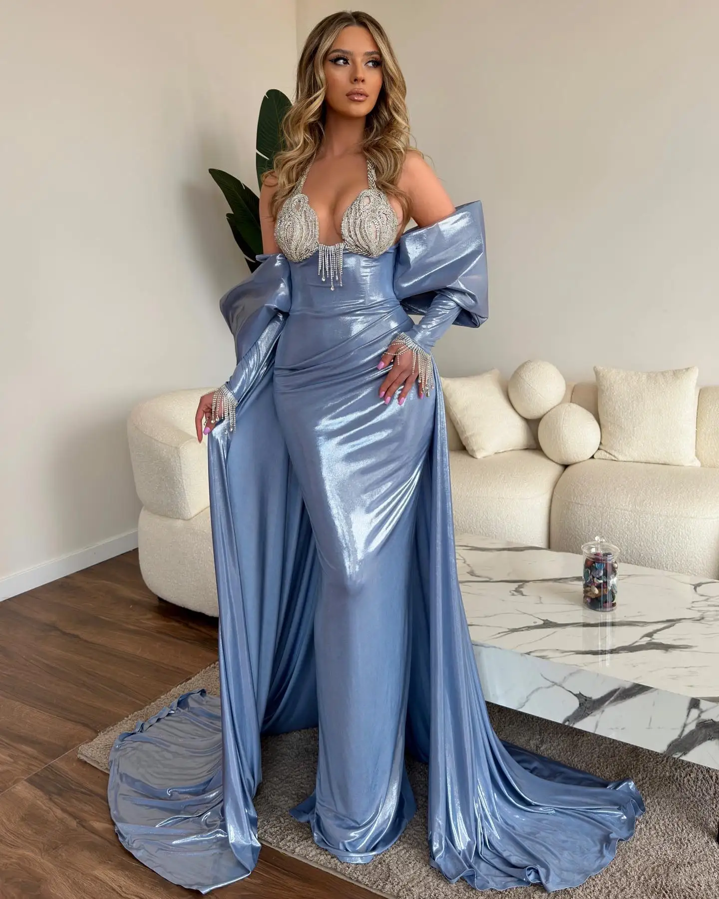 Glossy Leather Blue Long Prom Dresses with Detachable Train Cape Off the Shoulder Elegant Formal Dress Overskirt Evening Gowns