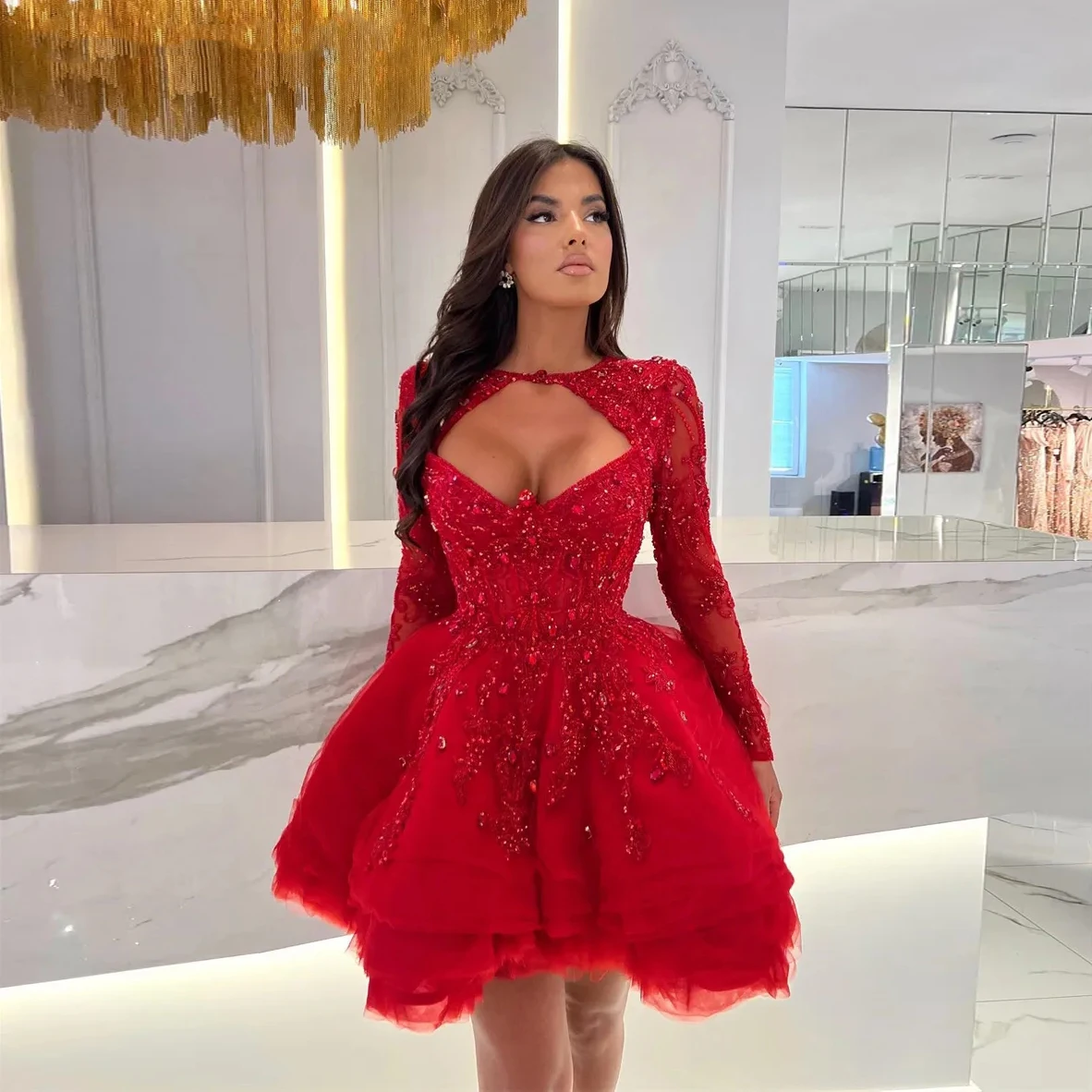 Luxurious Red Crystal Long Sleeve Prom Dresses Saudi Arabia Short Birthday Dress 2023 Sweetheart Mini Cocktail Gowns robe de bal