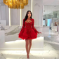 Luxurious Red Crystal Long Sleeve Prom Dresses Saudi Arabia Short Birthday Dress 2023 Sweetheart Mini Cocktail Gowns robe de bal