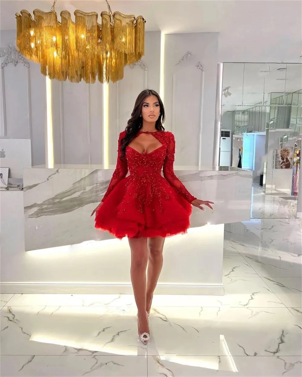 Luxurious Red Crystal Long Sleeve Prom Dresses Saudi Arabia Short Birthday Dress 2023 Sweetheart Mini Cocktail Gowns robe de bal