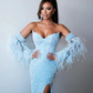 Sparkly Sky Blue Sequined Prom Dresses with Detachable Sleeve Feathers Strapless Slit Formal Occasion Dress فساتين السهرة 2023