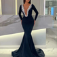 Elegant Black Mermaid Prom Dresses Long Sleeves Sheer Neck Beaded Women Formal Occasion Dress Stretch Satin Vestidos de fiesta