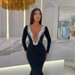 Elegant Black Mermaid Prom Dresses Long Sleeves Sheer Neck Beaded Women Formal Occasion Dress Stretch Satin Vestidos de fiesta