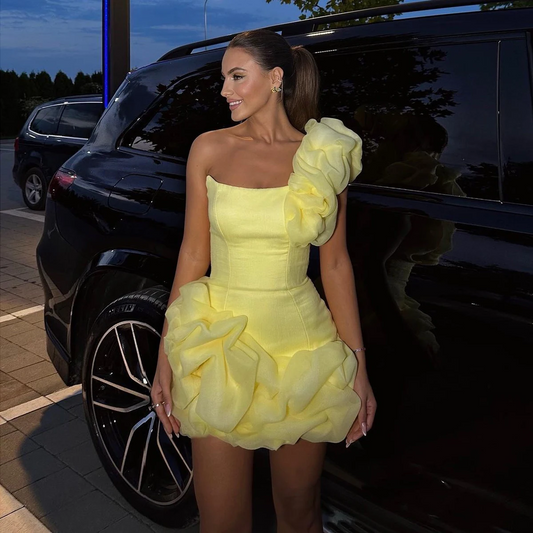 Beauty Yellow One Shoulder Short Prom Dresses Fashion Ruffled Mini Length Cocktail Dress Women Formal Occasion Gown فساتين سهرة