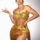 Golden Sparkling Diamonds Sexy See Through STrapless Top And Mini Skirt 2 Pieces Woman Set Party Vestido Performances Costume